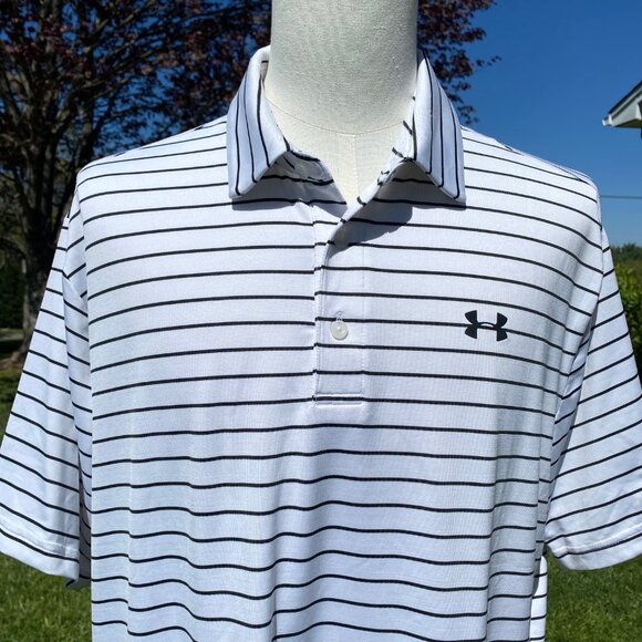 Under Armour Playoff Polo Heatgear White w/ Black Stripes Men's Golf Shirt Sz XL - Picture 1 of 8